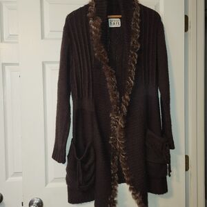 Keren Hart‎ Wool Blend Long Cardigan Sweater Women's Size Medium Faux Fur Trim